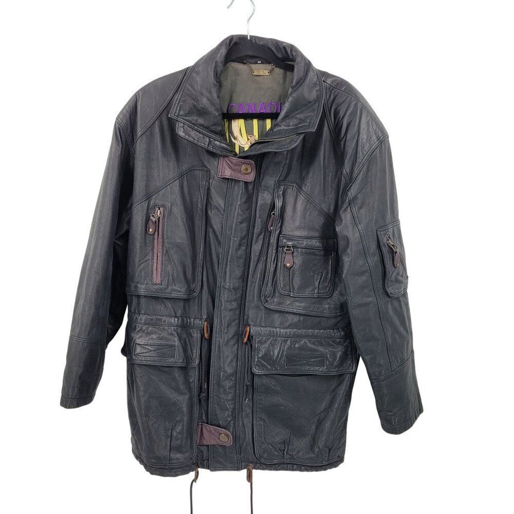 Vintage Genuine Leather Flight  Jacket‎ Mens 48 Black Detailed Pockets Steampunk